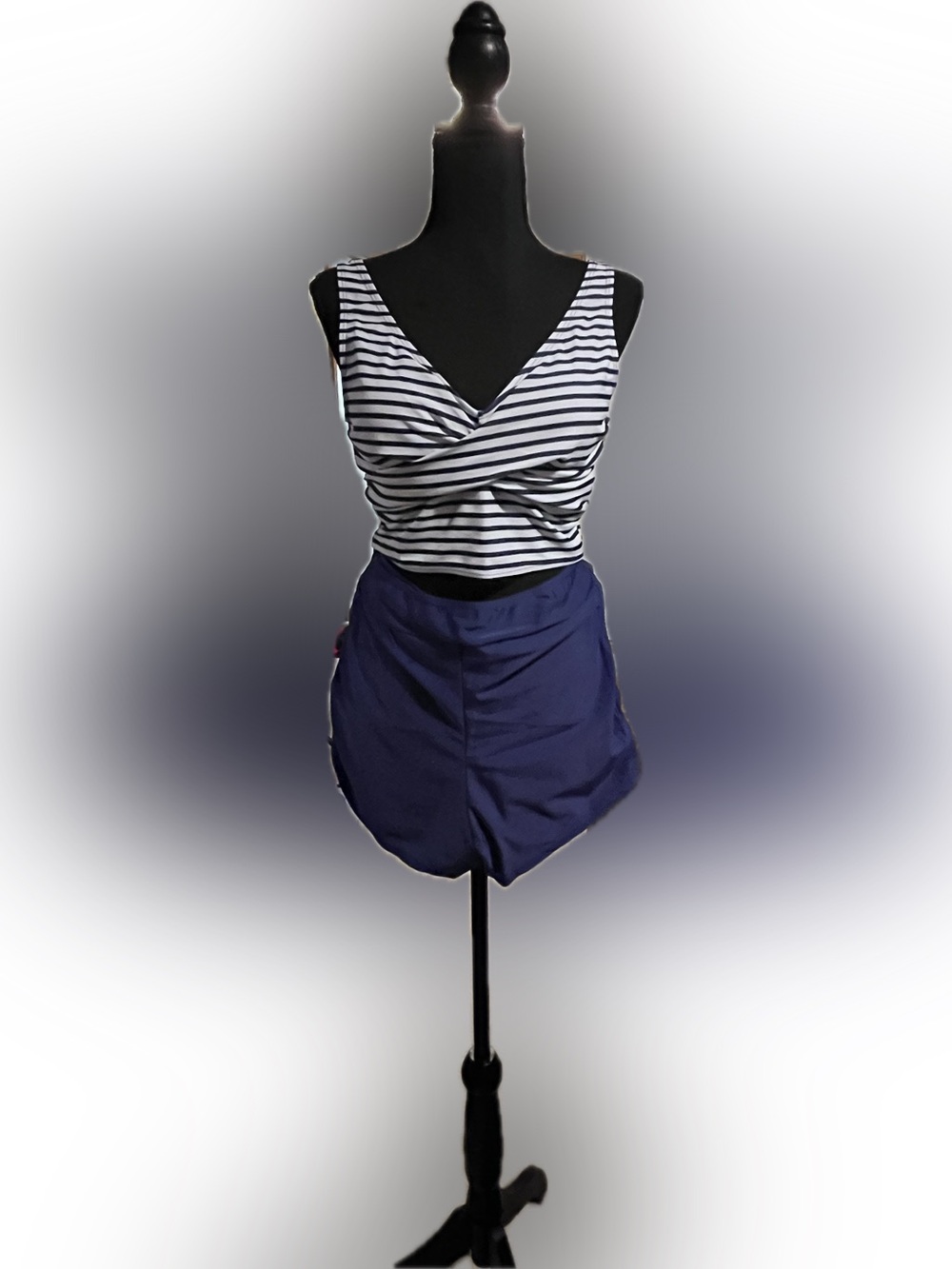 Striped V-Neck Two-Piece Swim Bikini in Navy and White